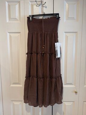 Brown Tiered Smocked Maxi Skirt with Waist Tie